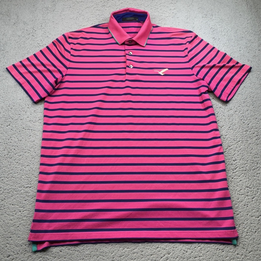 Greyson‎ Polo Shirt Mens Medium Pink Navy Stripe Performance Golf Stretch Active